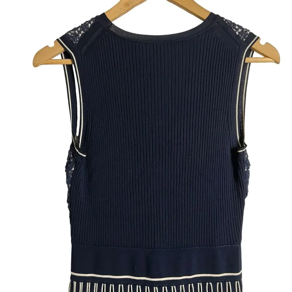 Tory Burch Navy Blue Sleeveless Pleated Knit Crewneck Midi Sweater Dress Size XS